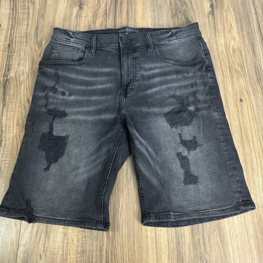 Supply Demand Mens Bermuda Shorts 36W (XL)‎ Black Light Wash Covered Ripped